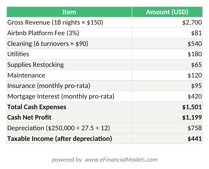 Excel worksheet showing Airbnb monthly profit calculation with gross revenue itemized expenses cash net profit depreciation deduction and taxable income | eFinancialModels Excel worksheet showing Airbnb monthly profit calculation with gross revenue, itemized expenses, cash net profit, depreciation deduction, and taxable income