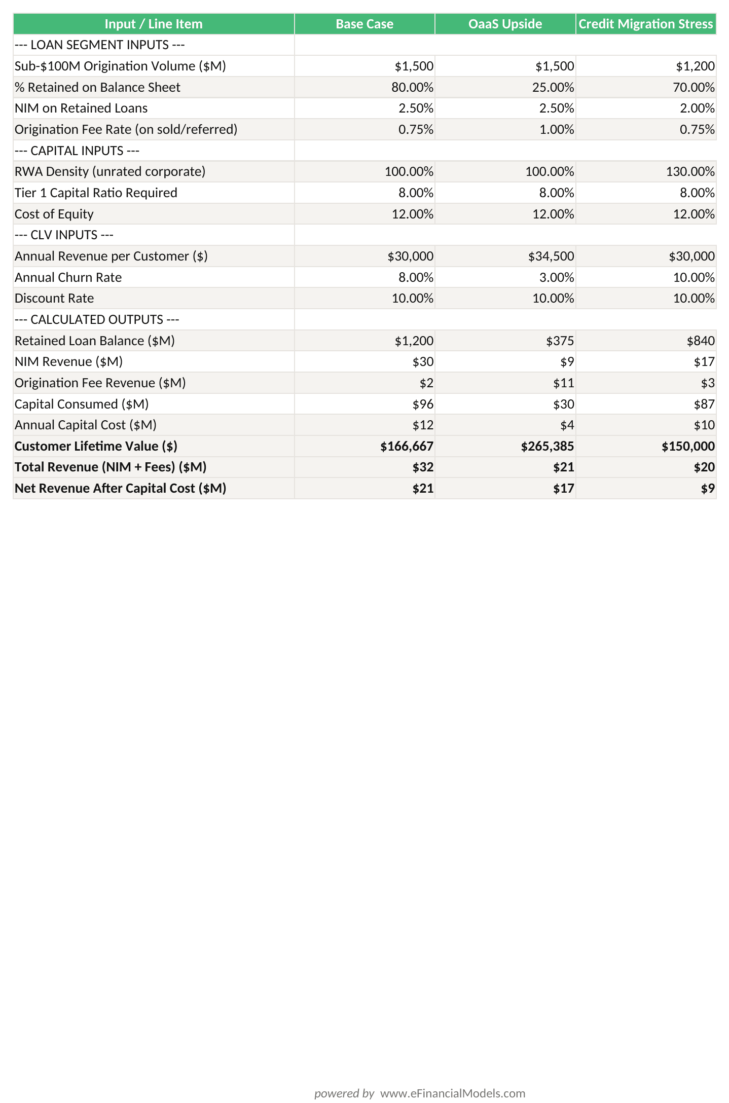 Excel worksheet showing a bank strategic cash-flow model with loan segment inputs Basel III capital charges NIM revenue origination fee revenue and customer lifetime value calculations | eFinancialModels Excel worksheet showing a bank strategic cash-flow model with loan segment inputs, Basel III capital charges, NIM revenue, origination fee revenue, and customer lifetime value calculations