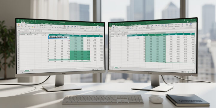 Wide cinematic banner of a financial analyst working with Excel ROUND and SUM formulas on dual monitors in a modern office
