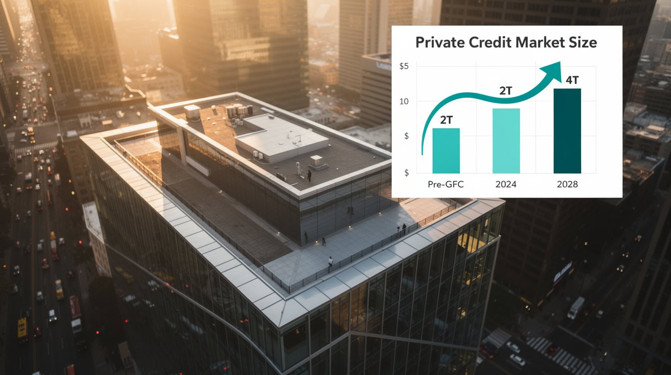 Bar chart infographic showing private credit AUM growth from pre-GFC levels to trillion in 2024 and projected trillion by 2028 | eFinancialModels Bar chart infographic showing private credit AUM growth from pre-GFC levels to