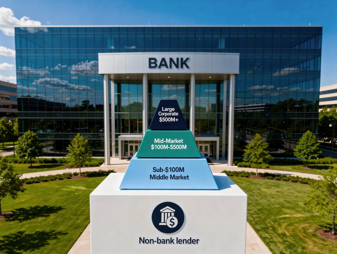 Three-tier pyramid diagram showing bank loan market competitive segmentation by deal size with non-bank lenders dominating the sub-0M middle market tier | eFinancialModels Three-tier pyramid diagram showing bank loan market competitive segmentation by deal size, with non-bank lenders dominating the sub-0M middle market tier