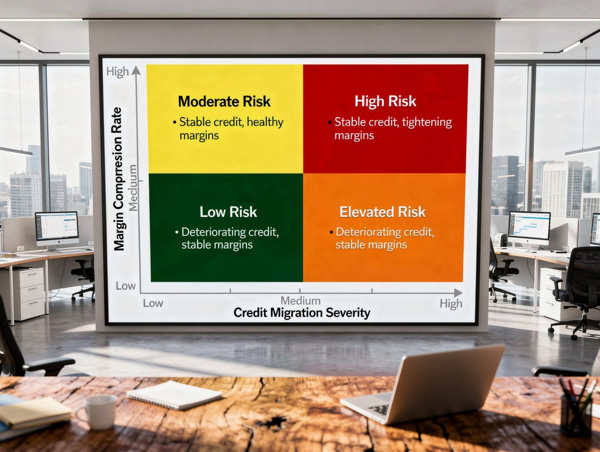 Risk scenario matrix showing four quadrants defined by credit migration severity and margin compression rate axes color-coded from green low-risk to red high-risk scenarios for bank cash-flow modeling | eFinancialModels Risk scenario matrix showing four quadrants defined by credit migration severity and margin compression rate axes, color-coded from green low-risk to red high-risk scenarios for bank cash-flow modeling