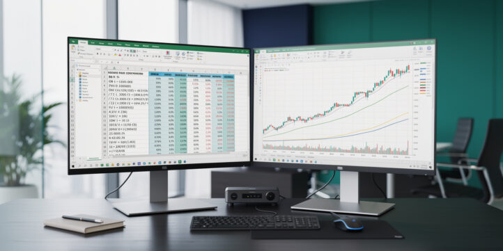 Wide cinematic banner of a financial analyst workstation showing basis point formula calculations in Excel with bond yield charts on dual monitors