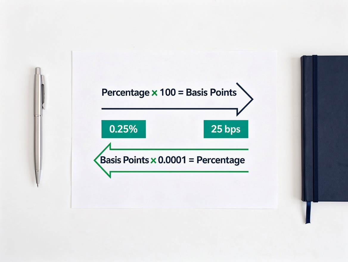 Diagram showing bidirectional basis point conversion formula with percentage to basis points and basis points to percentage arrows and example values | eFinancialModels Diagram showing bidirectional basis point conversion formula with percentage to basis points and basis points to percentage arrows and example values