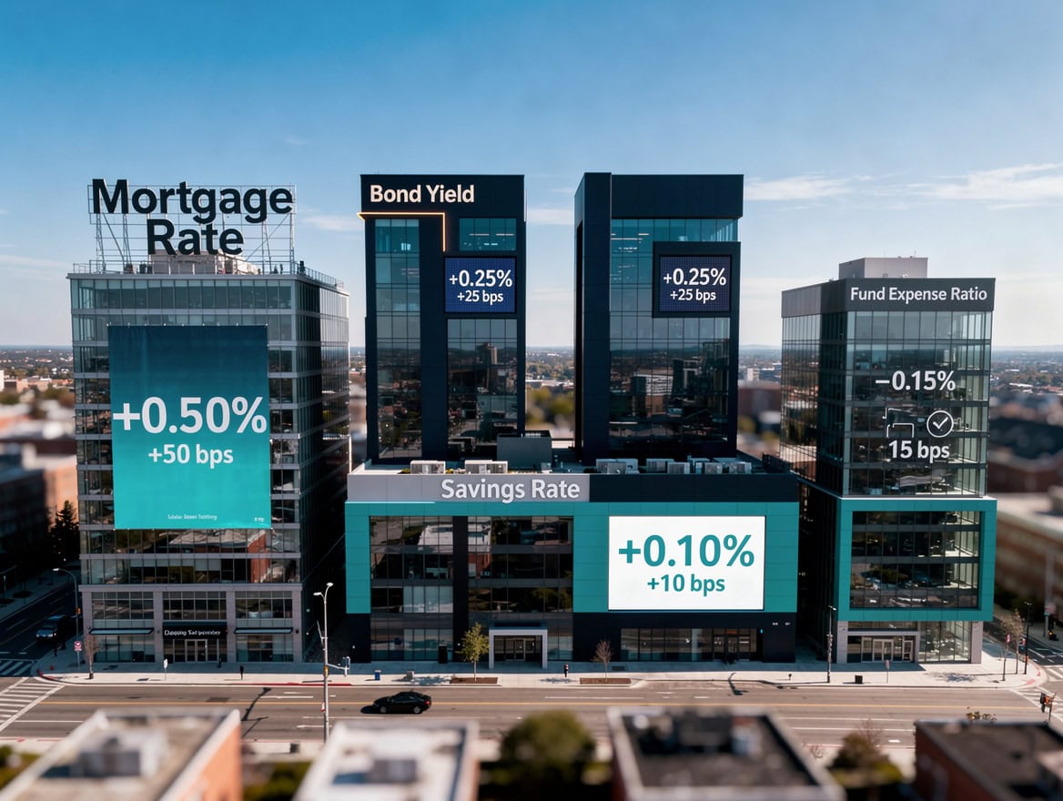 Infographic showing four financial scenarios converting percentage changes to basis points across mortgage rates bond yields savings rates and fund expense ratios | eFinancialModels Infographic showing four financial scenarios converting percentage changes to basis points across mortgage rates, bond yields, savings rates, and fund expense ratios