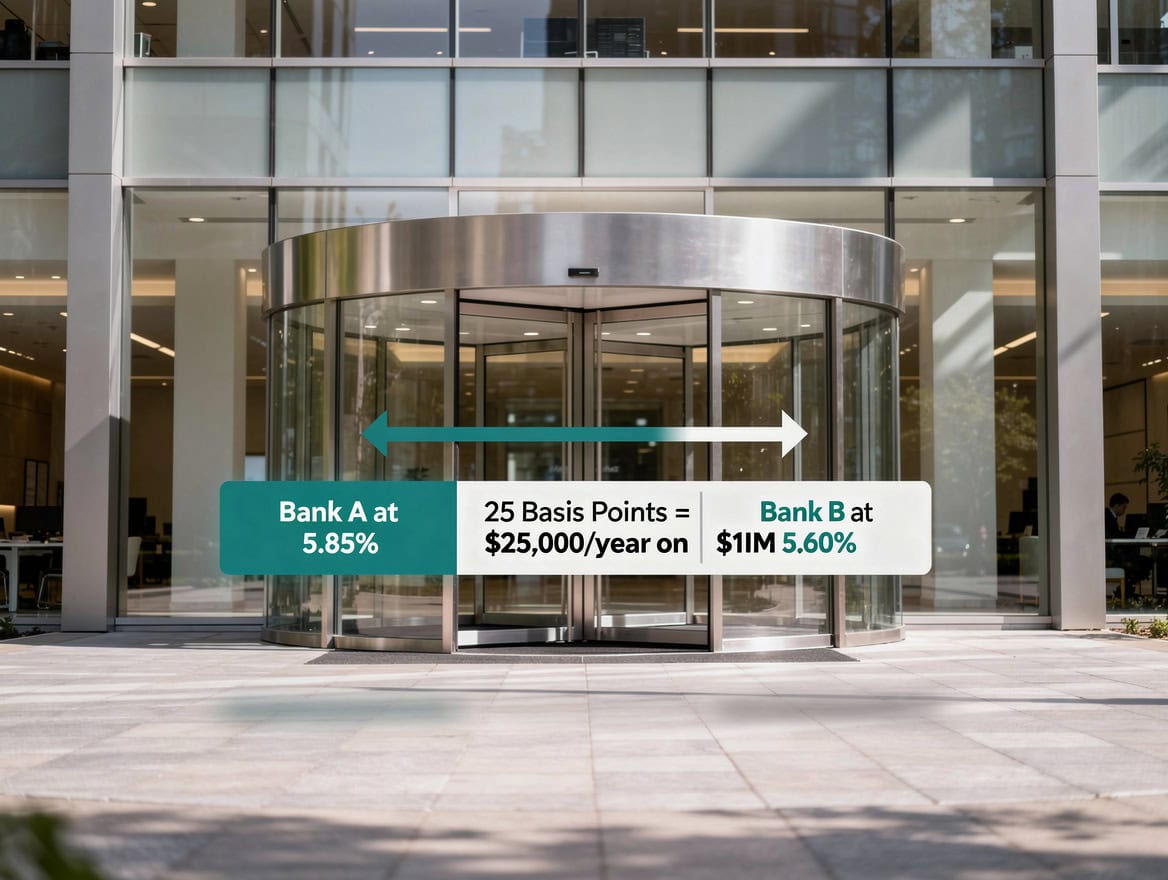 Diagram comparing two loan offers at 585 and 560 with a 25 basis point difference labeled as 000 annual cost on a million facility | eFinancialModels Diagram comparing two loan offers at 5.85% and 5.60% with a 25 basis point difference labeled as ,000 annual cost on a million facility