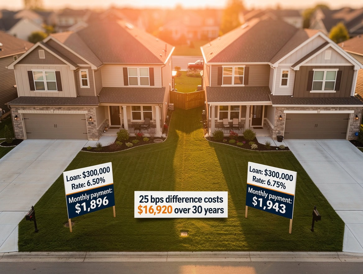 Side-by-side mortgage payment comparison showing 25 basis point rate increase from 650 to 675 raising monthly payment by and total cost by 920 over 30 years | eFinancialModels Side-by-side mortgage payment comparison showing 25 basis point rate increase from 6.50% to 6.75% raising monthly payment by and total cost by ,920 over 30 years