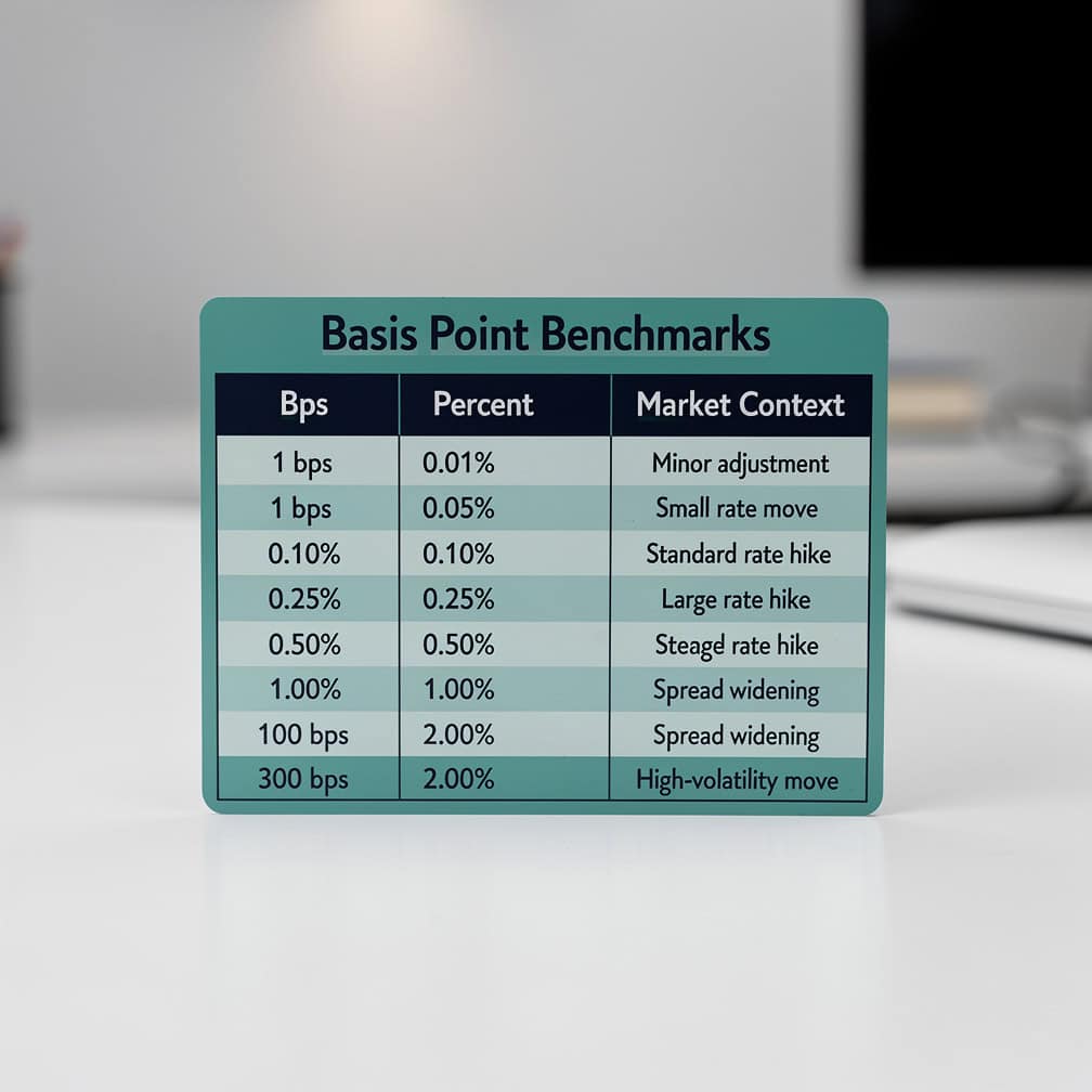 Square reference card showing basis point benchmark table from 1 bps to 300 bps with percentage equivalents and financial market context for each value | eFinancialModels Square reference card showing basis point benchmark table from 1 bps to 300 bps with percentage equivalents and financial market context for each value