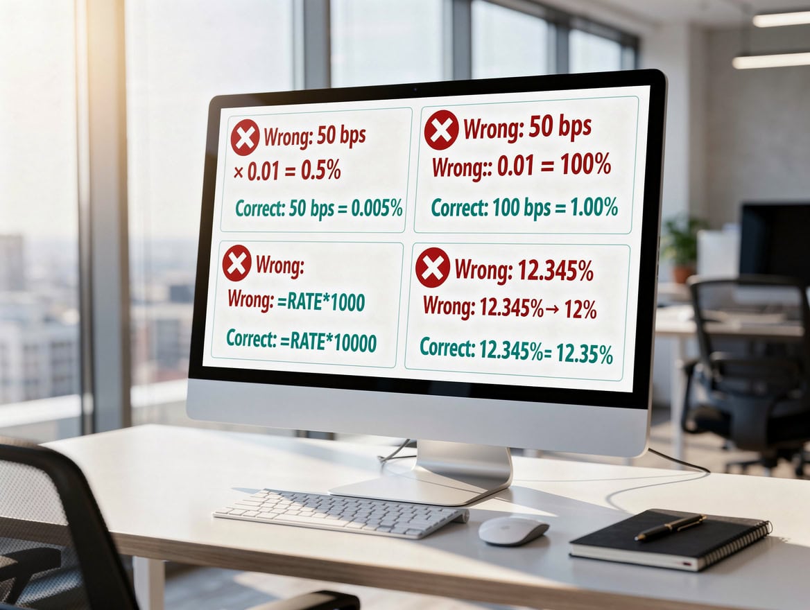 Four-panel illustration showing common basis point calculation mistakes with incorrect calculations crossed out in red and correct methods shown in teal | eFinancialModels Four-panel illustration showing common basis point calculation mistakes with incorrect calculations crossed out in red and correct methods shown in teal