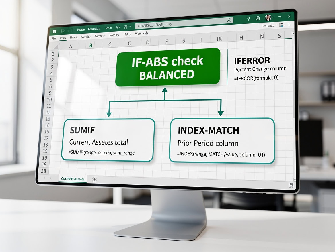 Diagram of four Excel formula types used in balance sheet automation SUMIF INDEX-MATCH IFERROR and the IF-ABS balance check formula | eFinancialModels Diagram of four Excel formula types used in balance sheet automation: SUMIF, INDEX-MATCH, IFERROR, and the IF-ABS balance check formula