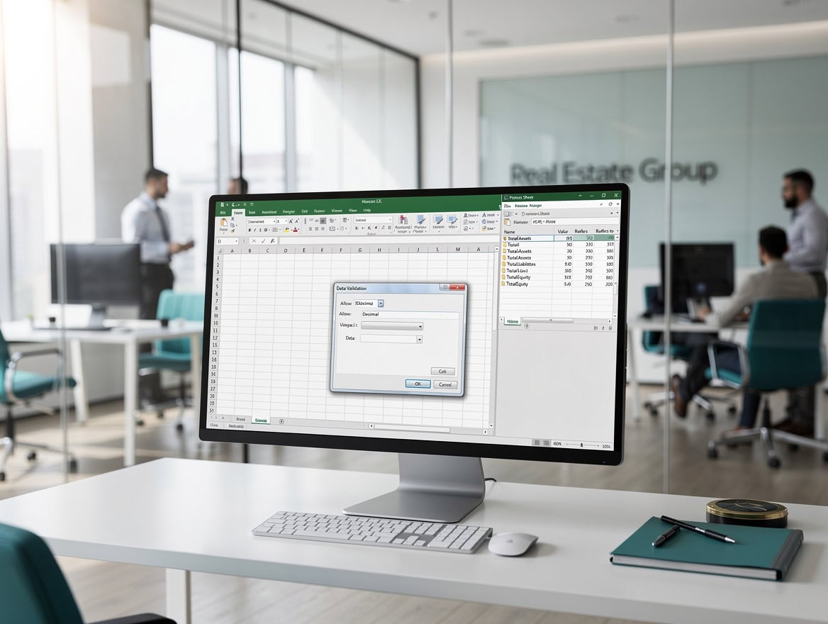 Diagram showing Excel Data Validation settings Name Manager with balance sheet named ranges and the Protect Sheet dialog | eFinancialModels Diagram showing Excel Data Validation settings, Name Manager with balance sheet named ranges, and the Protect Sheet dialog