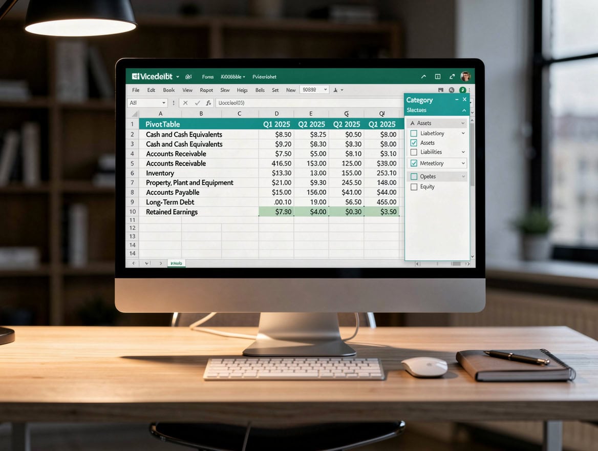 Excel PivotTable showing balance sheet line items in rows and quarterly periods in columns with a Category slicer panel | eFinancialModels Excel PivotTable showing balance sheet line items in rows and quarterly periods in columns with a Category slicer panel
