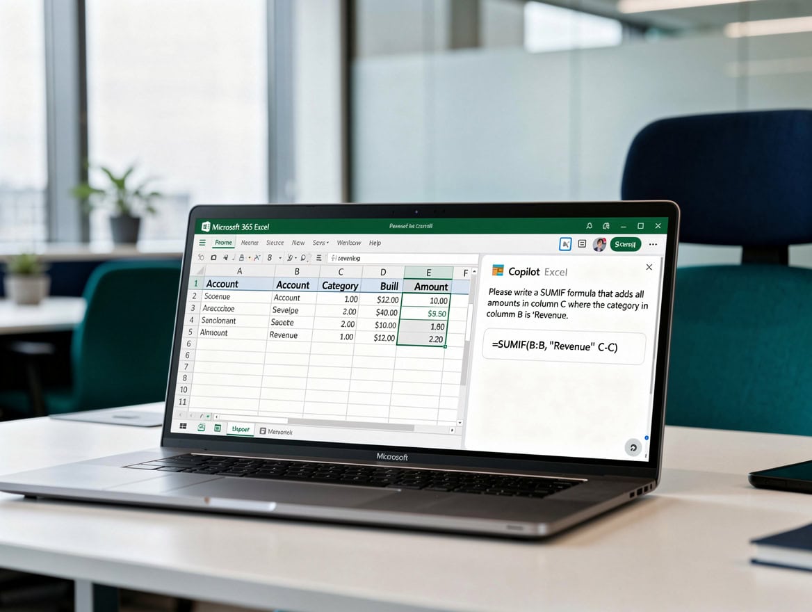 Illustration of Microsoft 365 Copilot generating a SUMIF formula inside Excel from a plain-English prompt in the chat panel | eFinancialModels Illustration of Microsoft 365 Copilot generating a SUMIF formula inside Excel from a plain-English prompt in the chat panel