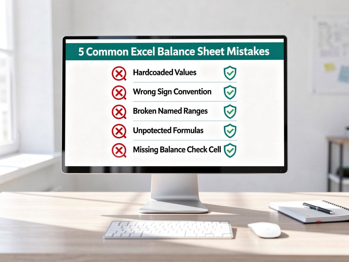 Infographic showing five common Excel balance sheet mistakes with red warning icons and green checkmark fixes for each | eFinancialModels Infographic showing five common Excel balance sheet mistakes with red warning icons and green checkmark fixes for each