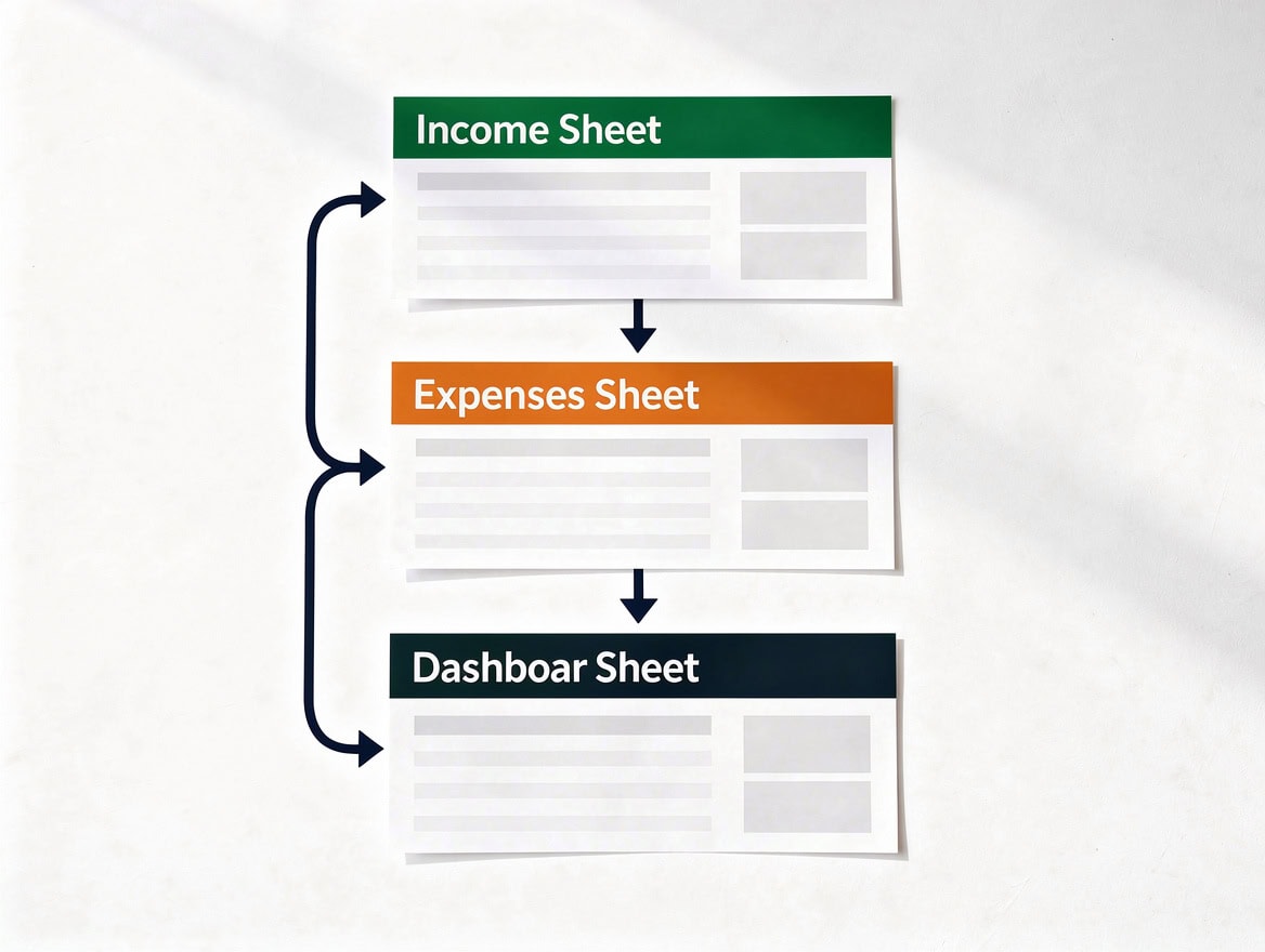Diagram showing four-sheet Excel workbook architecture Income Expenses Tracker and Dashboard sheets connected by data flow arrows | eFinancialModels Diagram showing four-sheet Excel workbook architecture: Income, Expenses, Tracker, and Dashboard sheets connected by data flow arrows