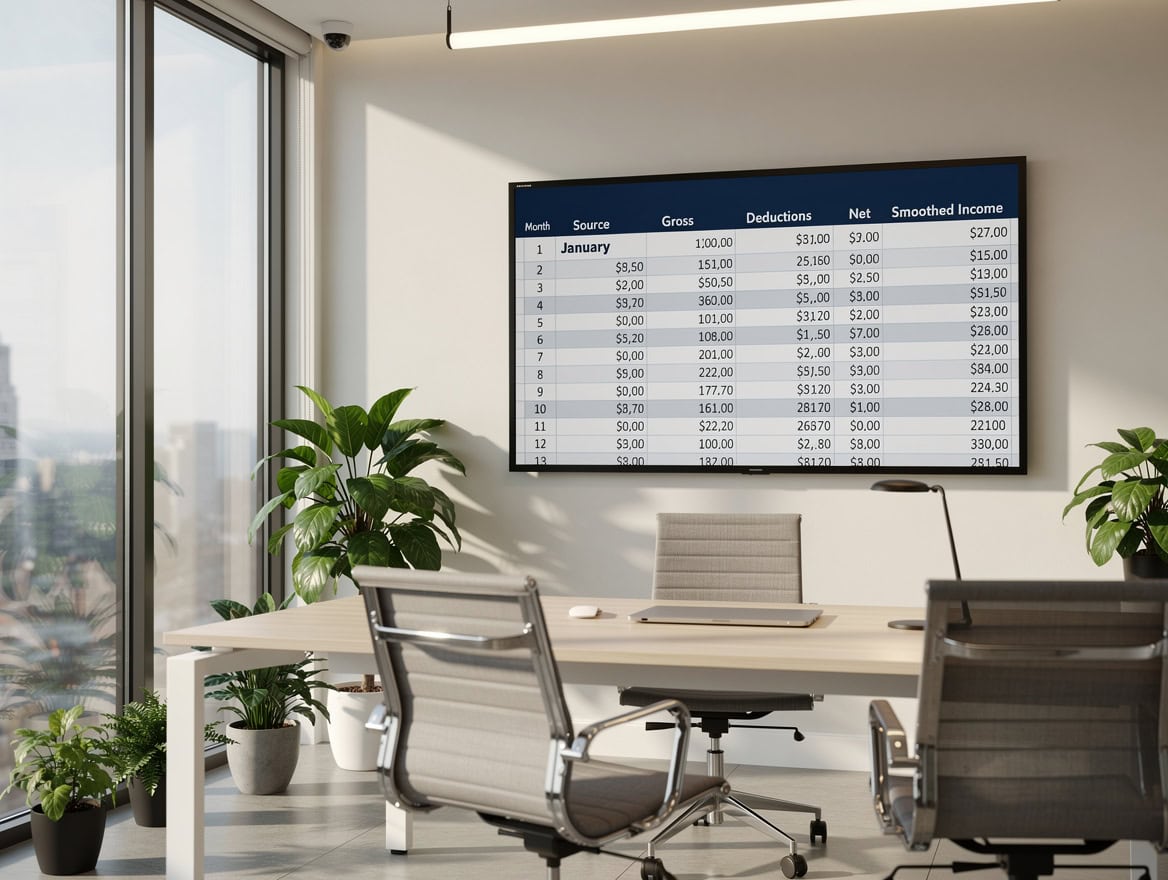 Annotated Excel income sheet mockup showing gross net and 3-month rolling average smoothed income columns with formula visible | eFinancialModels Annotated Excel income sheet mockup showing gross, net, and 3-month rolling average smoothed income columns with formula visible