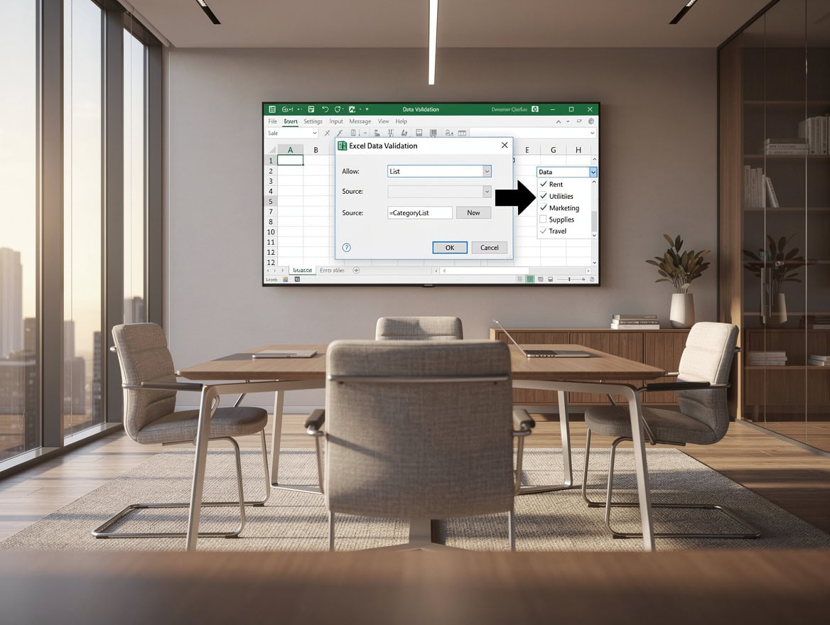 Diagram showing Excel Data Validation dialog configured with a named range list source and the resulting category dropdown in a spreadsheet cell | eFinancialModels Diagram showing Excel Data Validation dialog configured with a named range list source, and the resulting category dropdown in a spreadsheet cell