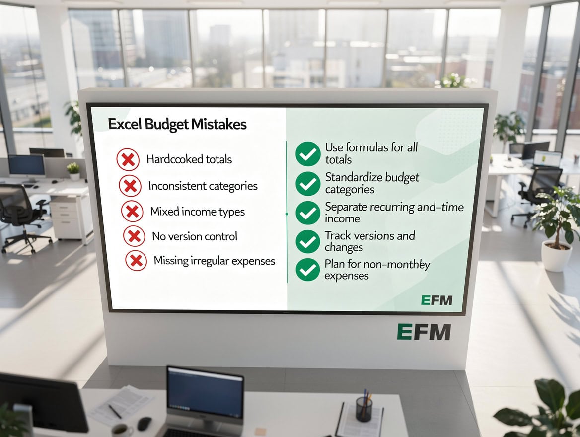 Checklist illustration showing five common Excel budget spreadsheet mistakes on the left with red X marks and their fixes on the right with green checkmarks | eFinancialModels Checklist illustration showing five common Excel budget spreadsheet mistakes on the left with red X marks and their fixes on the right with green checkmarks