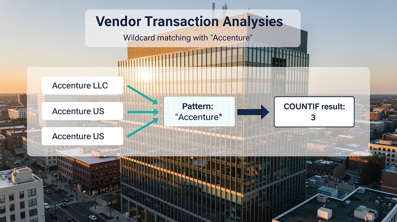 Infographic showing COUNTIF wildcard matching multiple vendor name variants to a single count | eFinancialModels Infographic showing COUNTIF wildcard matching multiple vendor name variants to a single count