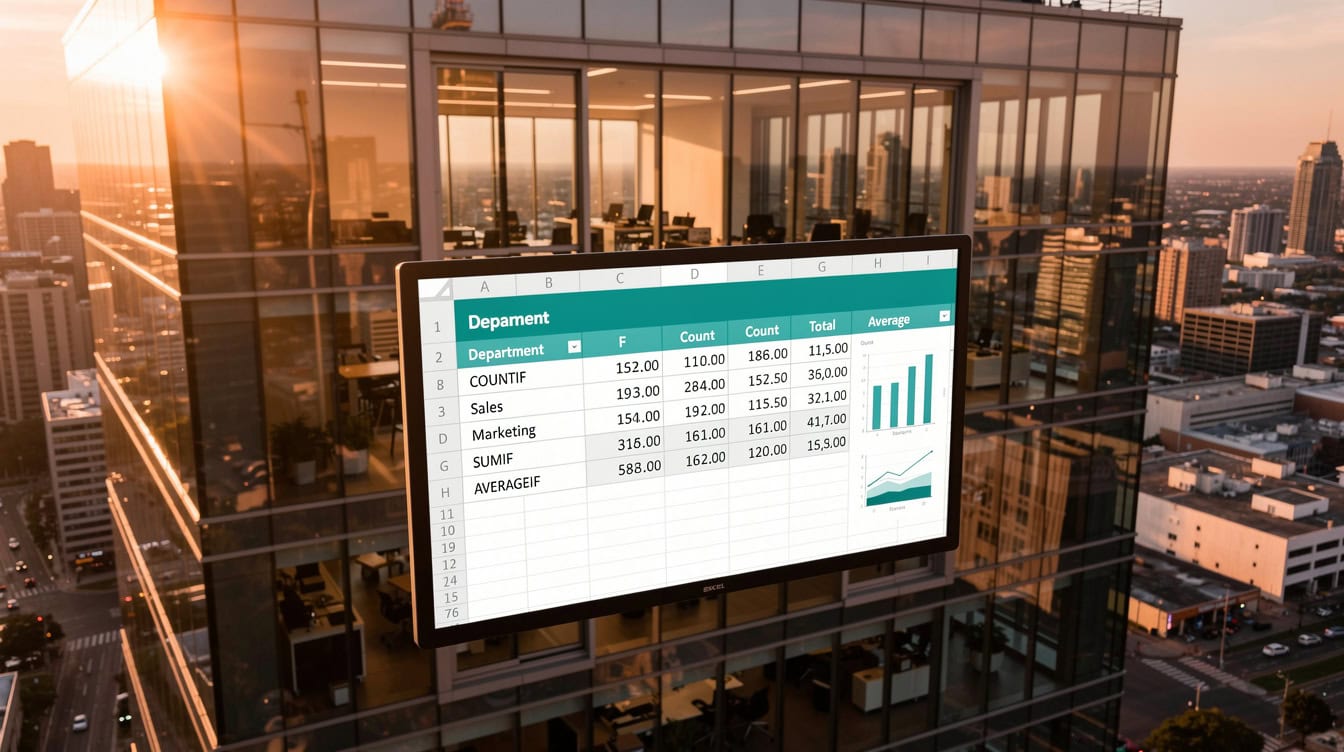Excel dashboard showing COUNTIF SUMIF and AVERAGEIF formulas side by side for department expense analysis | eFinancialModels Excel dashboard showing COUNTIF SUMIF and AVERAGEIF formulas side by side for department expense analysis