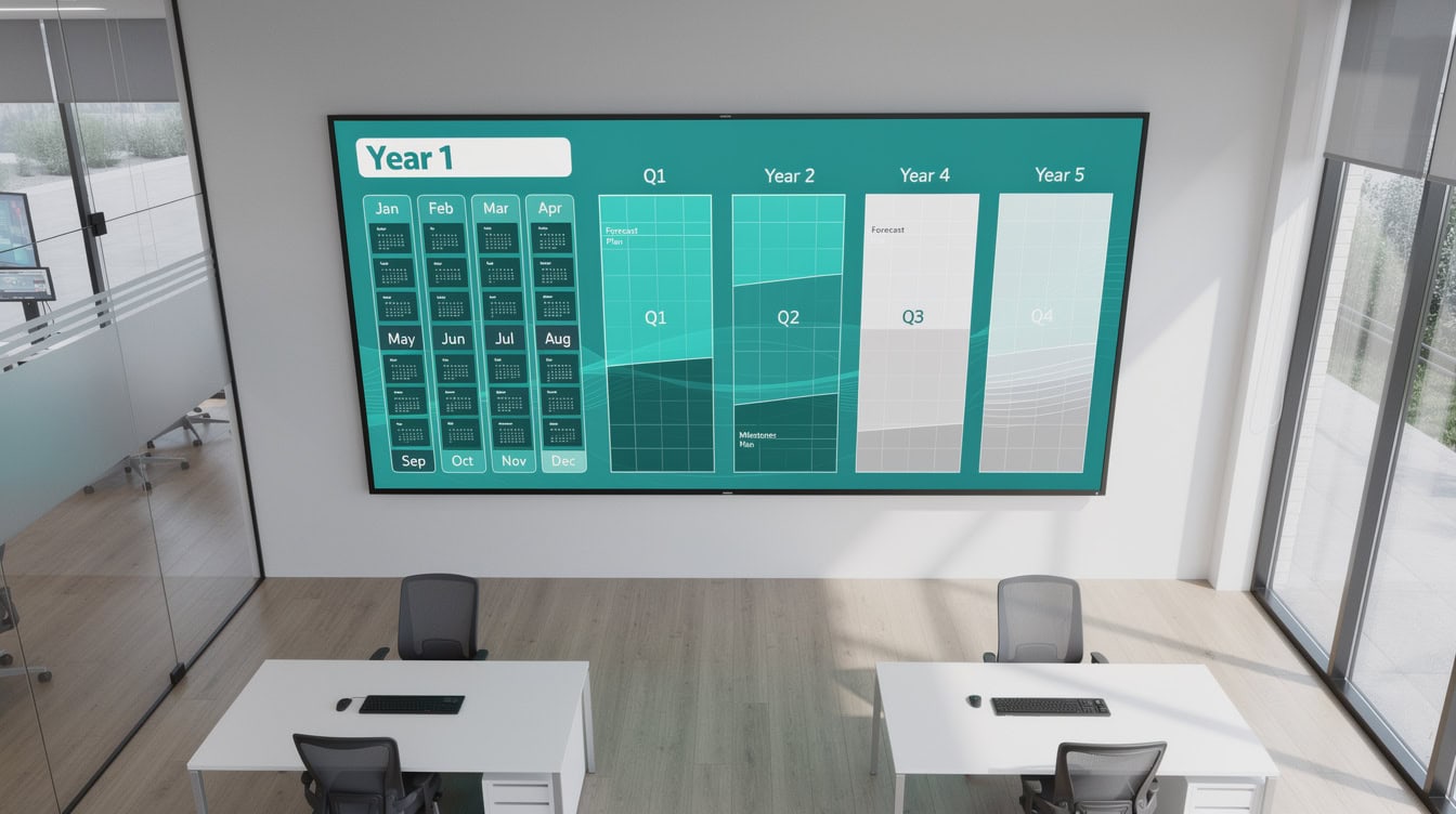 Calendar grid showing monthly columns for Year 1, quarterly for Year 2, and annual columns for Years 3-5 in a startup pro forma