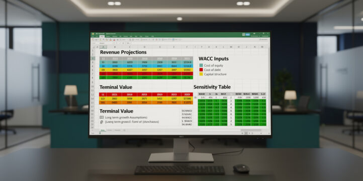 DCF model dashboard in Excel showing revenue projections, WACC, terminal value, and sensitivity analysis