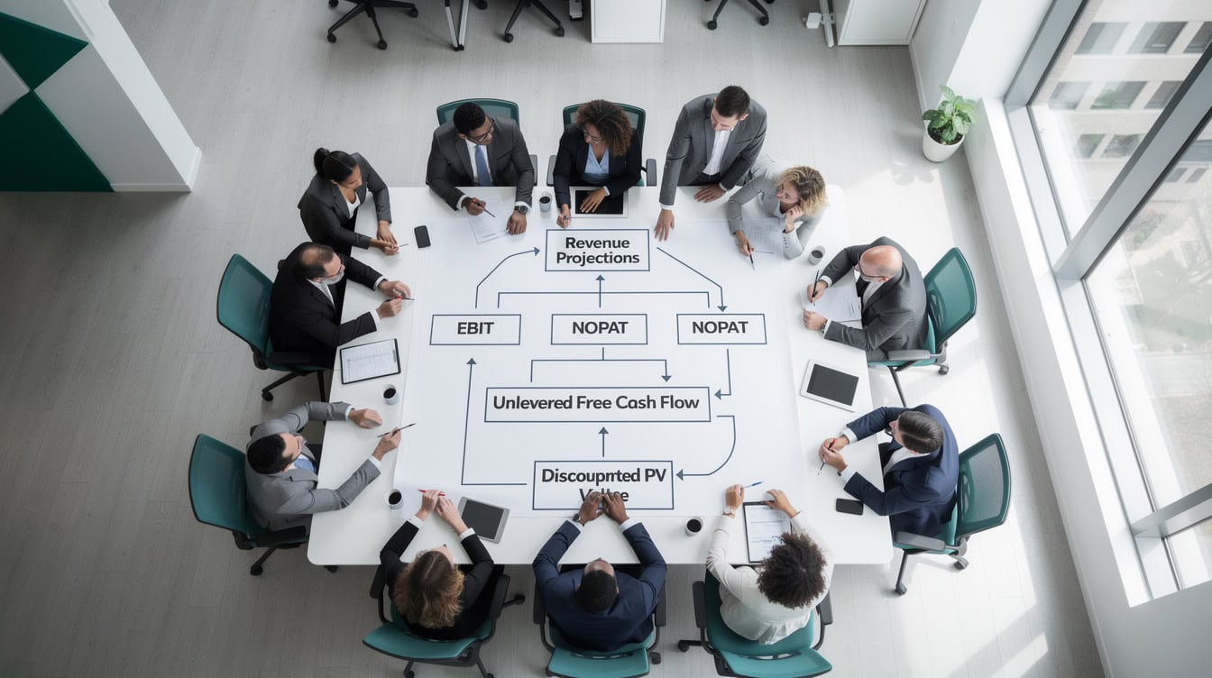 Flowchart showing the five-step DCF calculation from revenue to enterprise value