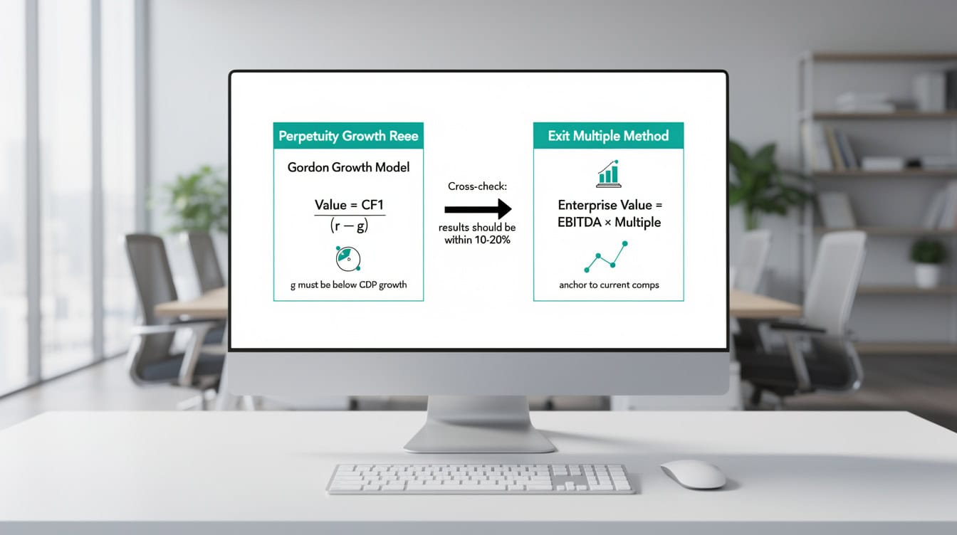 Side-by-side comparison of perpetuity growth method and exit multiple method for terminal value