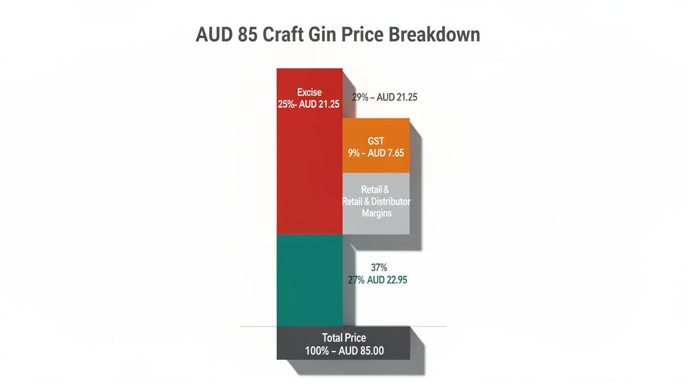 Waterfall chart showing price decomposition of an AUD 85 craft gin bottle including excise GST margins and producer revenue | eFinancialModels Waterfall chart showing price decomposition of an AUD 85 craft gin bottle including excise, GST, margins and producer revenue