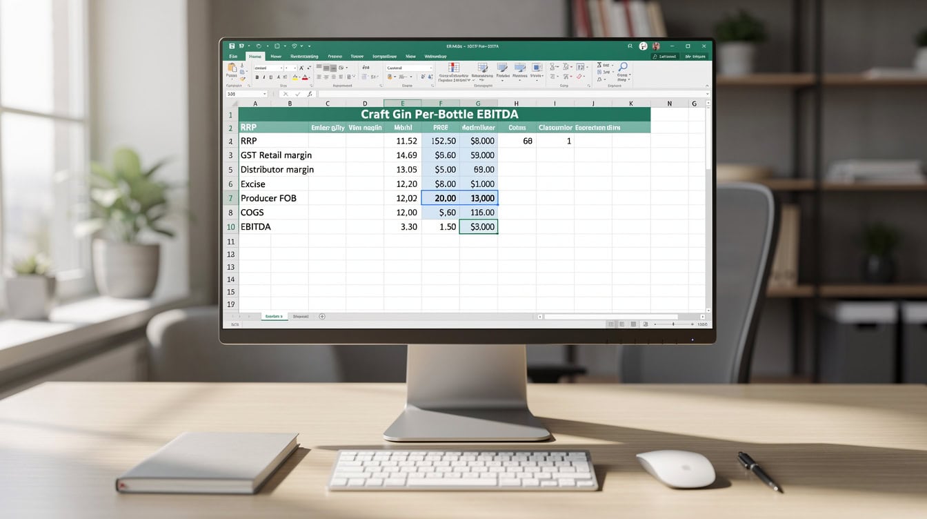 Excel spreadsheet showing craft gin per-bottle EBITDA calculation with AUD 1856 result highlighted | eFinancialModels Excel spreadsheet showing craft gin per-bottle EBITDA calculation with AUD 18.56 result highlighted