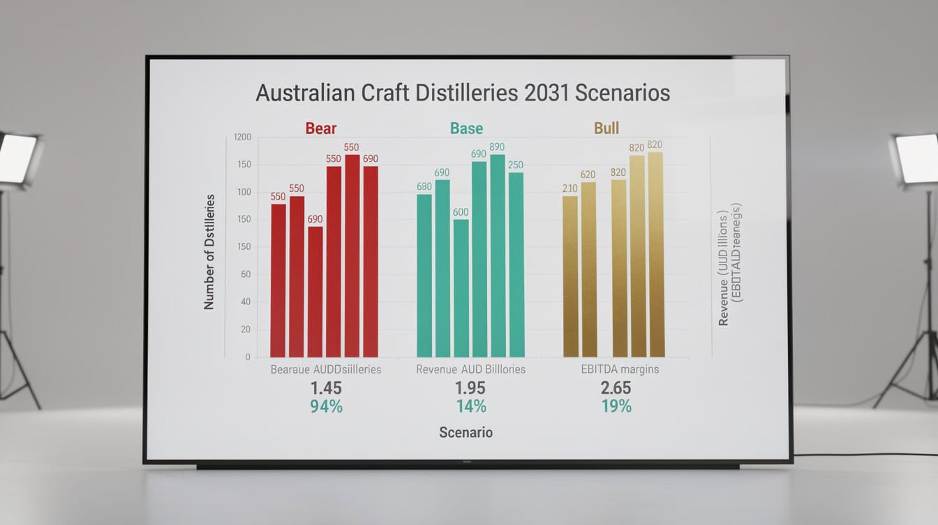 Grouped bar chart comparing Bear Base and Bull scenarios for Australian craft distilleries in 2031 by distillery count revenue and EBITDA margin | eFinancialModels Grouped bar chart comparing Bear, Base and Bull scenarios for Australian craft distilleries in 2031 by distillery count, revenue and EBITDA margin