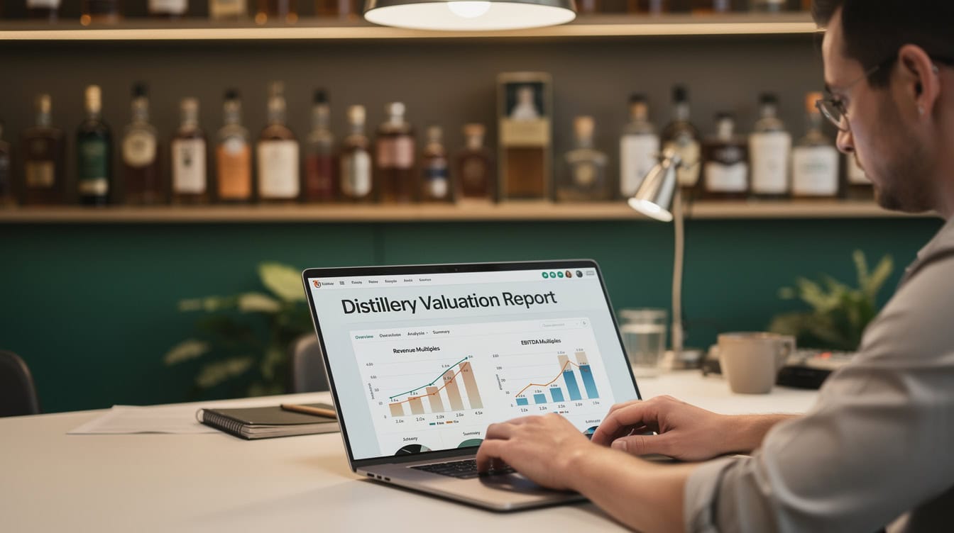 Financial analyst reviewing Australian craft distillery valuation multiples on a laptop | eFinancialModels Financial analyst reviewing Australian craft distillery valuation multiples on a laptop