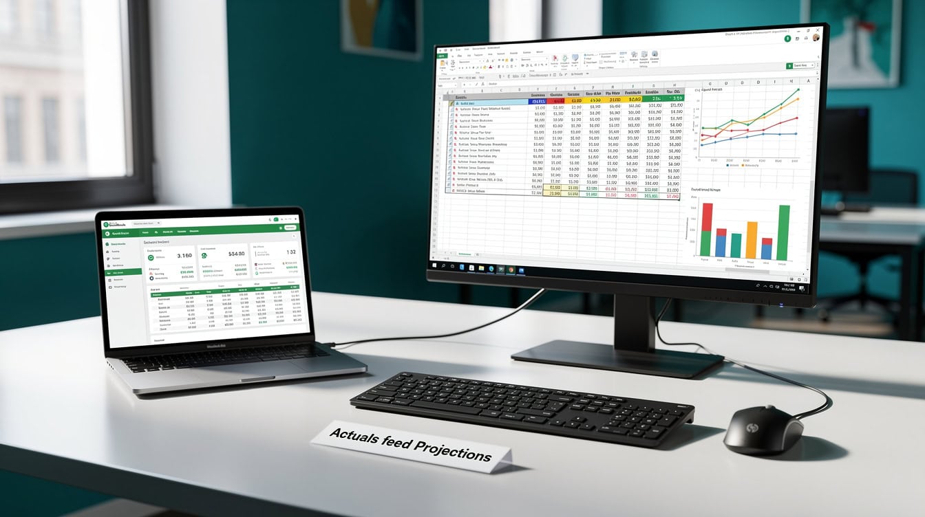 Illustration showing data flowing from QuickBooks accounting software into an Excel financial model for small business projections | eFinancialModels Illustration showing data flowing from QuickBooks accounting software into an Excel financial model for small business projections