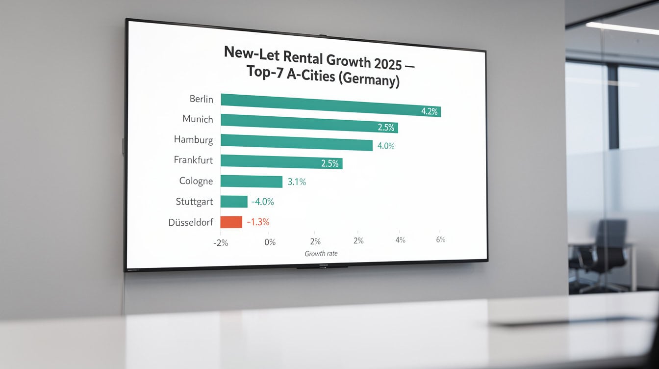 Horizontal bar chart of 2025 new-let rental growth rates across Germany | eFinancialModels Horizontal bar chart of 2025 new-let rental growth rates across Germany's Top-7 A-cities