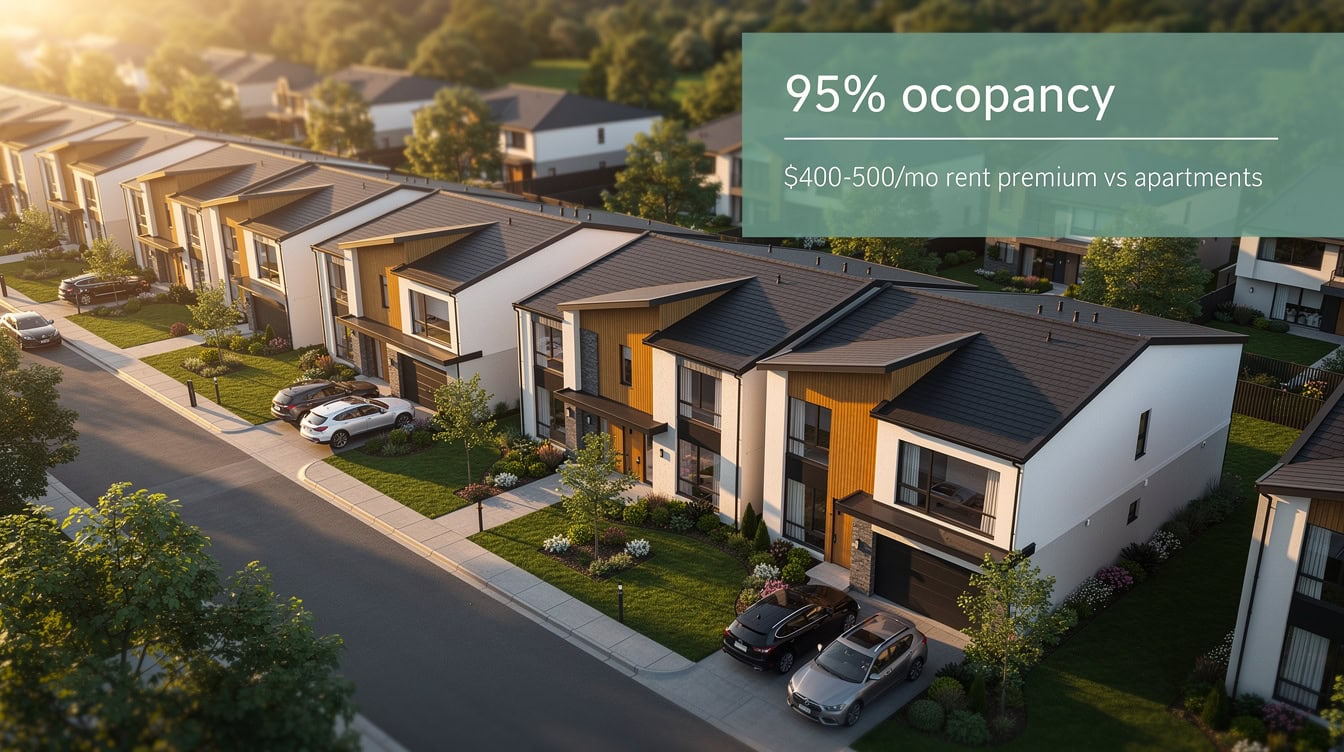 Aerial illustration of a purpose-built build-to-rent single-family home community with data callouts showing 95% occupancy and 0-500 monthly rent premium over conventional apartments