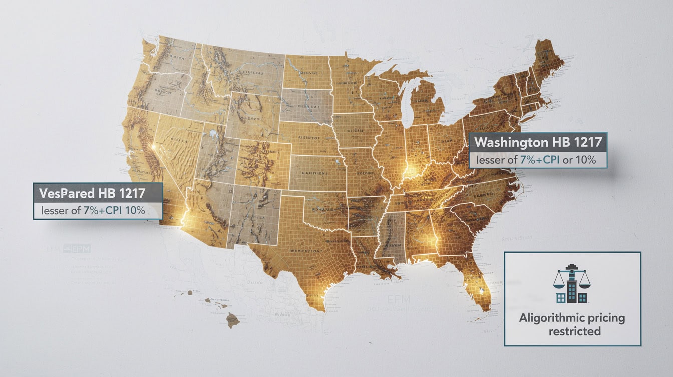 US regulatory map highlighting states with active rent control legislation including Oregon, Washington, California and DC, with callout showing Washington HB 1217 rent cap and DOJ-RealPage settlement impact