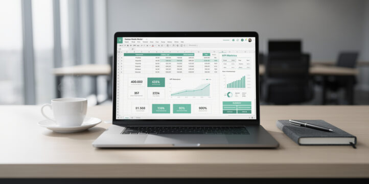Laptop displaying a seed stage financial model with KPI dashboard and runway calculator