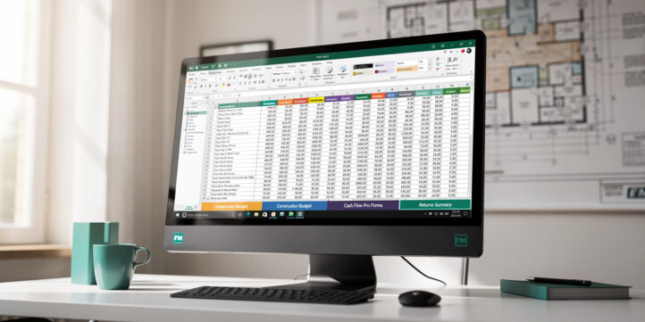 Real estate development financial model in Excel with multiple tabs showing construction budget, cash flow pro forma, and returns summary