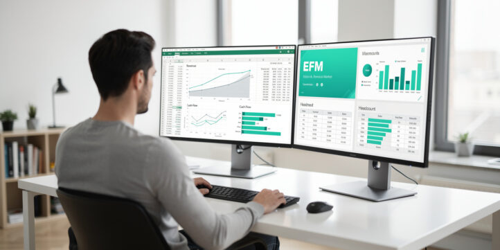 Startup founder reviewing investor-ready financial model template on dual monitors with pitch deck slides