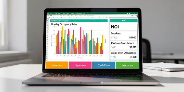 Airbnb financial model template open in Excel showing revenue projections, occupancy dashboard, and ROI metrics