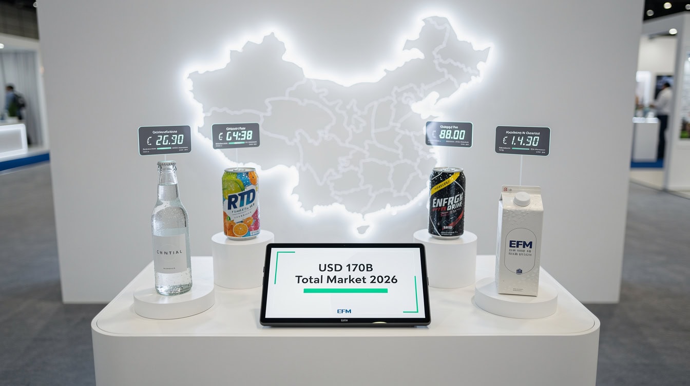 Infographic showing China | eFinancialModels Infographic showing China's four beverage sub-segments totaling USD 170 billion in 2026: bottled water, RTD tea, energy drinks, and adult dairy