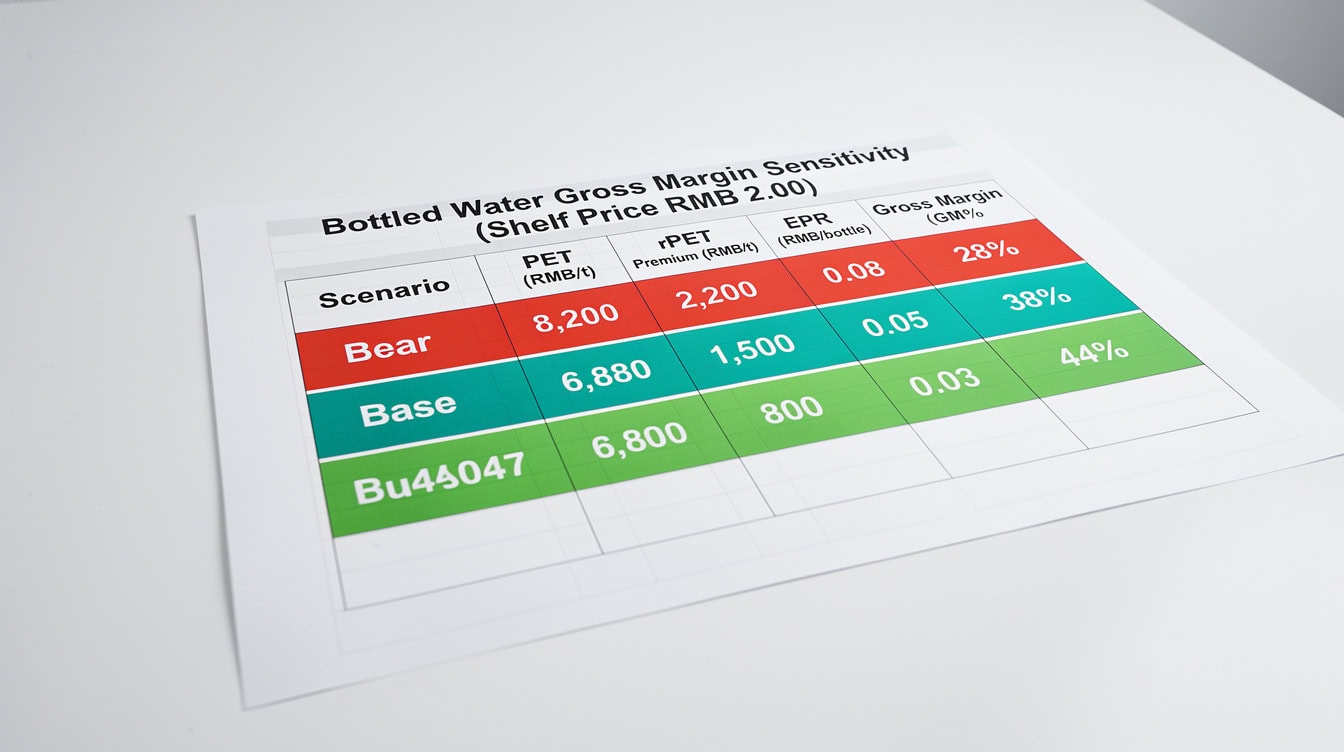 Sensitivity table showing bottled water gross margin across Bear Base and Bull scenarios based on PET resin cost rPET premium and EPR fee inputs | eFinancialModels Sensitivity table showing bottled water gross margin across Bear, Base, and Bull scenarios based on PET resin cost, rPET premium, and EPR fee inputs
