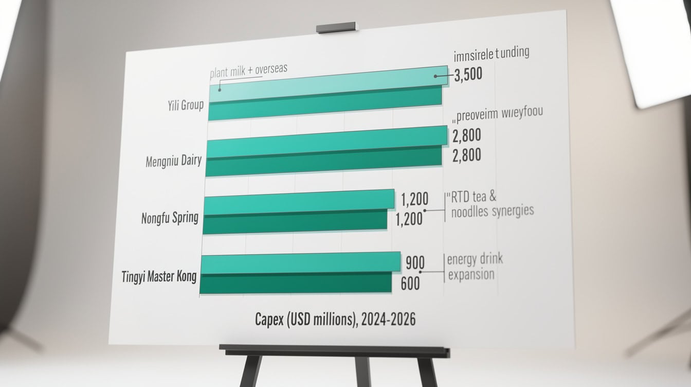 Horizontal bar chart of top-5 China beverage operator capex 2024-2026 Yili Group leads at USD 35 billion followed by Mengniu at USD 28 billion | eFinancialModels Horizontal bar chart of top-5 China beverage operator capex 2024-2026: Yili Group leads at USD 3.5 billion, followed by Mengniu at USD 2.8 billion