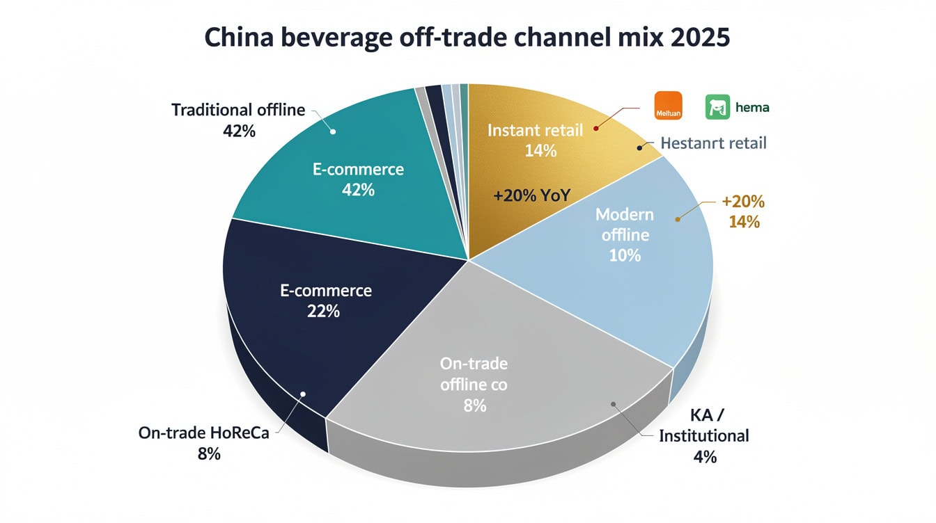 Pie chart showing China beverage off-trade channel mix in 2025 traditional offline 42 e-commerce 22 instant retail 14 growing at 20+ per year | eFinancialModels Pie chart showing China beverage off-trade channel mix in 2025: traditional offline 42%, e-commerce 22%, instant retail 14% growing at 20%+ per year