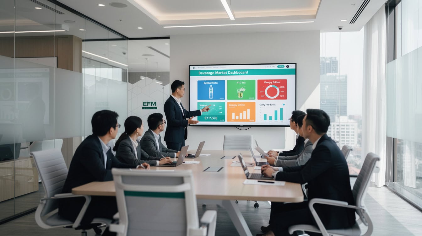Corporate strategy team reviewing China beverage market dashboard with sub-segment data for bottled water RTD tea energy drinks and dairy | eFinancialModels Corporate strategy team reviewing China beverage market dashboard with sub-segment data for bottled water, RTD tea, energy drinks, and dairy