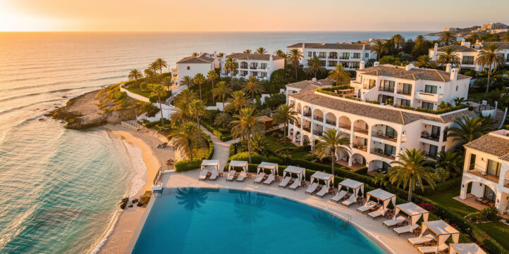 Luxury all-inclusive resort on a Spanish island coastline at golden hour with infinity pool and Mediterranean sea