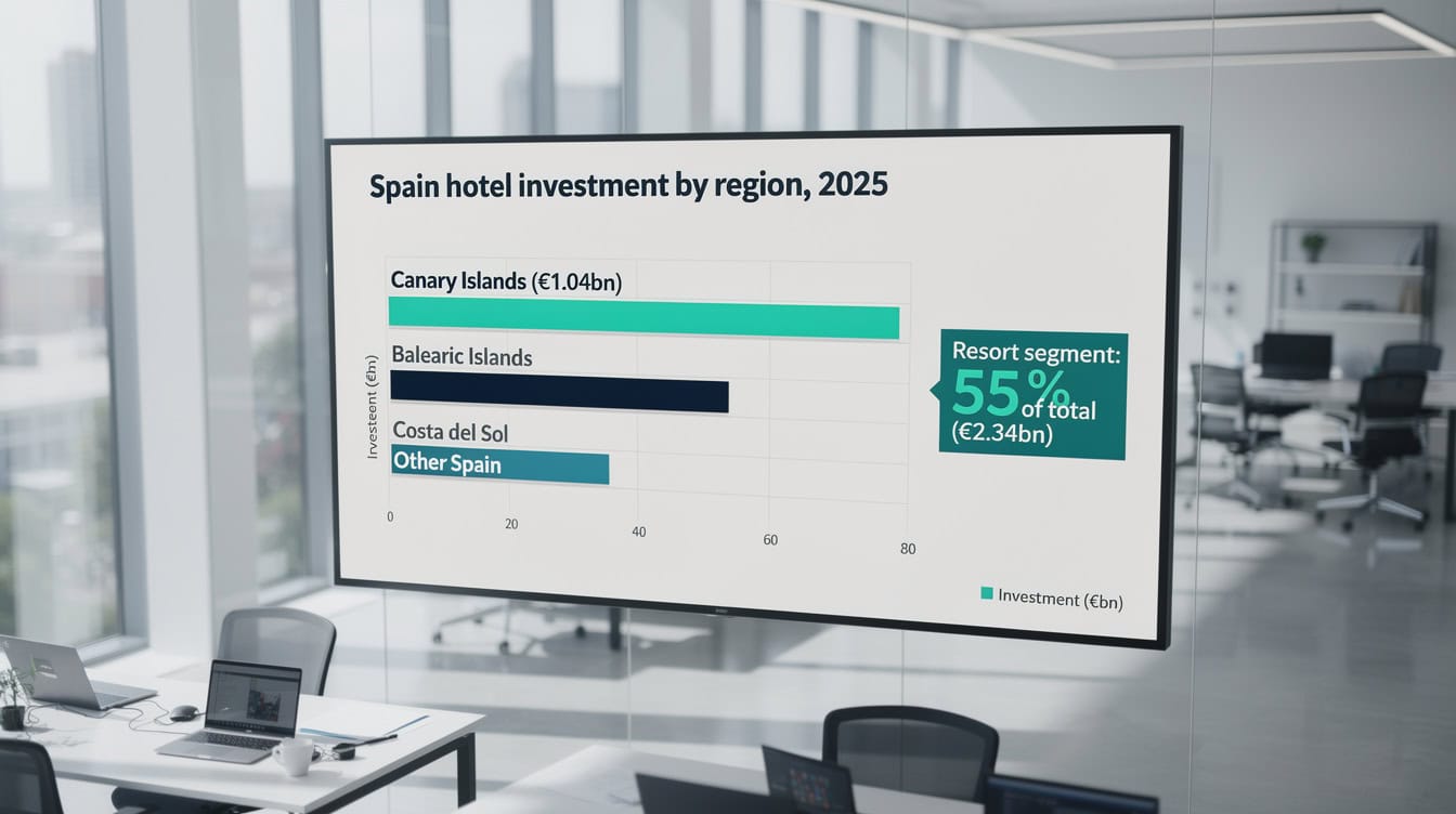 Bar chart showing Spain hotel investment by region in 2025 with Canary Islands leading at €104 billion | eFinancialModels Bar chart showing Spain hotel investment by region in 2025 with Canary Islands leading at €1.04 billion