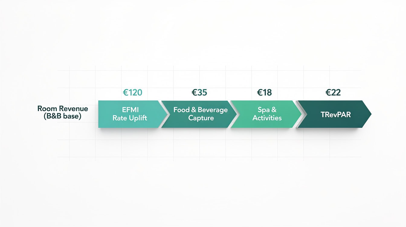 Waterfall diagram showing all-inclusive resort revenue build from room revenue base to total TRevPAR | eFinancialModels Waterfall diagram showing all-inclusive resort revenue build from room revenue base to total TRevPAR