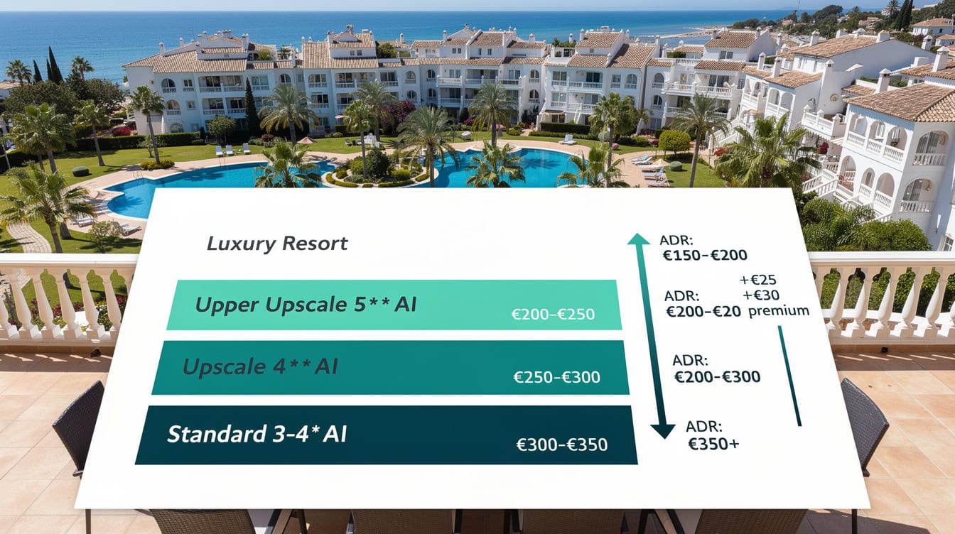 Rate ladder diagram showing five tiers of Spanish resort product from standard all-inclusive to luxury with ADR ranges | eFinancialModels Rate ladder diagram showing five tiers of Spanish resort product from standard all-inclusive to luxury with ADR ranges