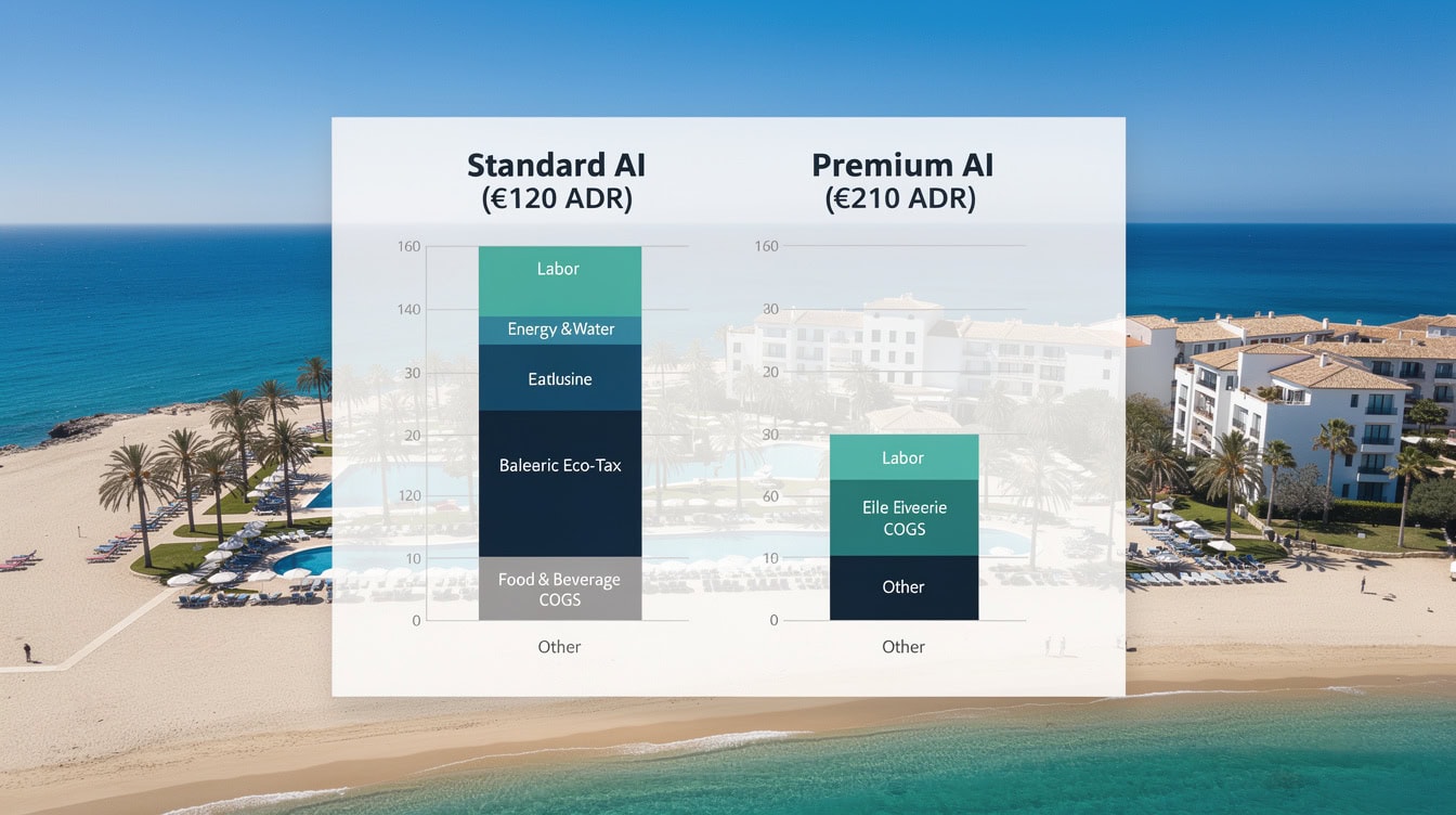 Cost stack diagram comparing labor and operating costs as a share of ADR for standard versus premium all-inclusive resorts in Spain | eFinancialModels Cost stack diagram comparing labor and operating costs as a share of ADR for standard versus premium all-inclusive resorts in Spain
